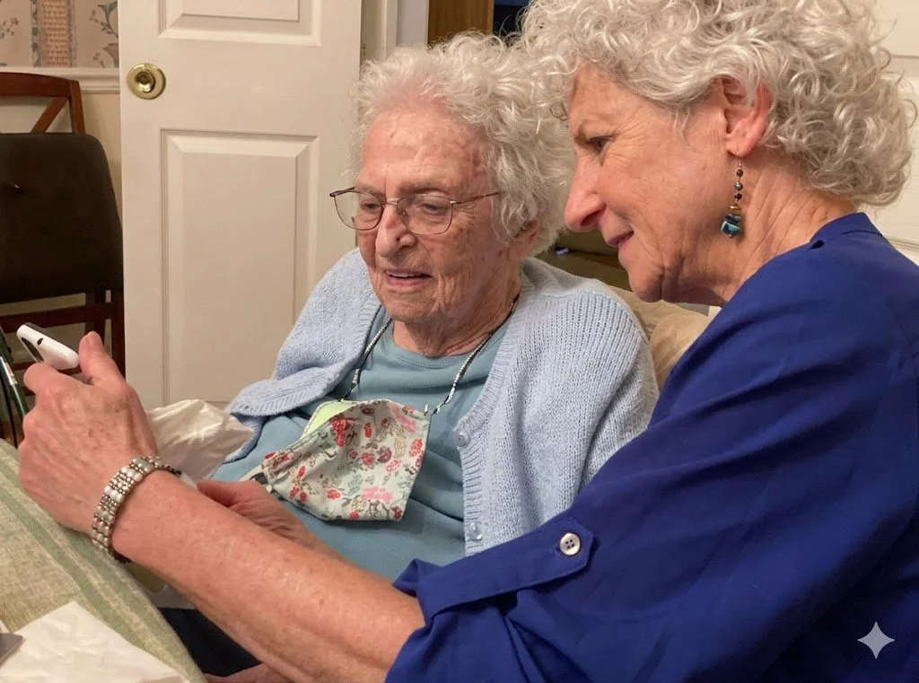 A caring woman standing beside a seated elderly woman with glasses, representing personalized medical care and support for seniors.