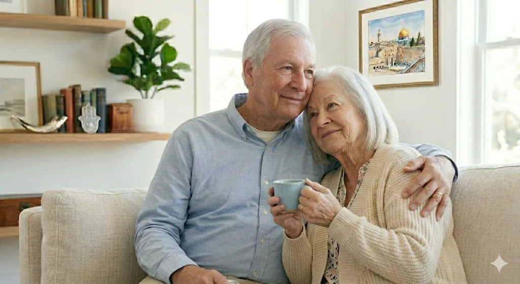 An elderly woman with short gray hair smiling and holding a coffee cup while leaning against her husband in a bright, peaceful home setting.