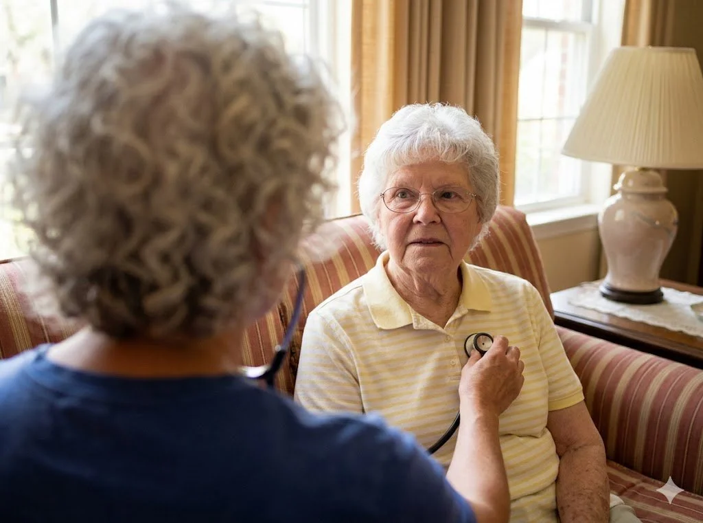 An elderly woman with glasses listening attentively while a healthcare professional conducts a medical consultation, highlighting the personalized care provided by Dr. Michele Haber at Geriatrics Consulting Services.
