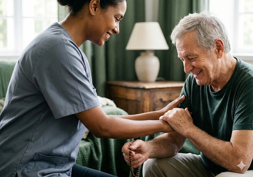 A female healthcare professional in blue scrubs providing compassionate emotional support to a senior man in a sunlit home setting, illustrating specialized Alzheimer's behavioral management.