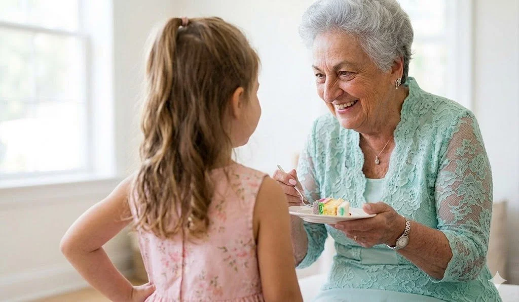 An elderly woman with gray hair in a light-green lace dress smiles warmly at a young girl whose back is turned to the camera, while holding a small dessert plate with a slice of cake.