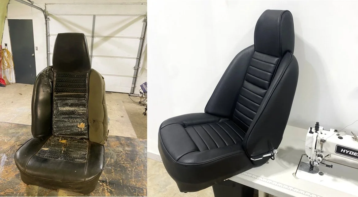 Comparison of a worn-out car seat on the left and a newly reupholstered car seat on the right.