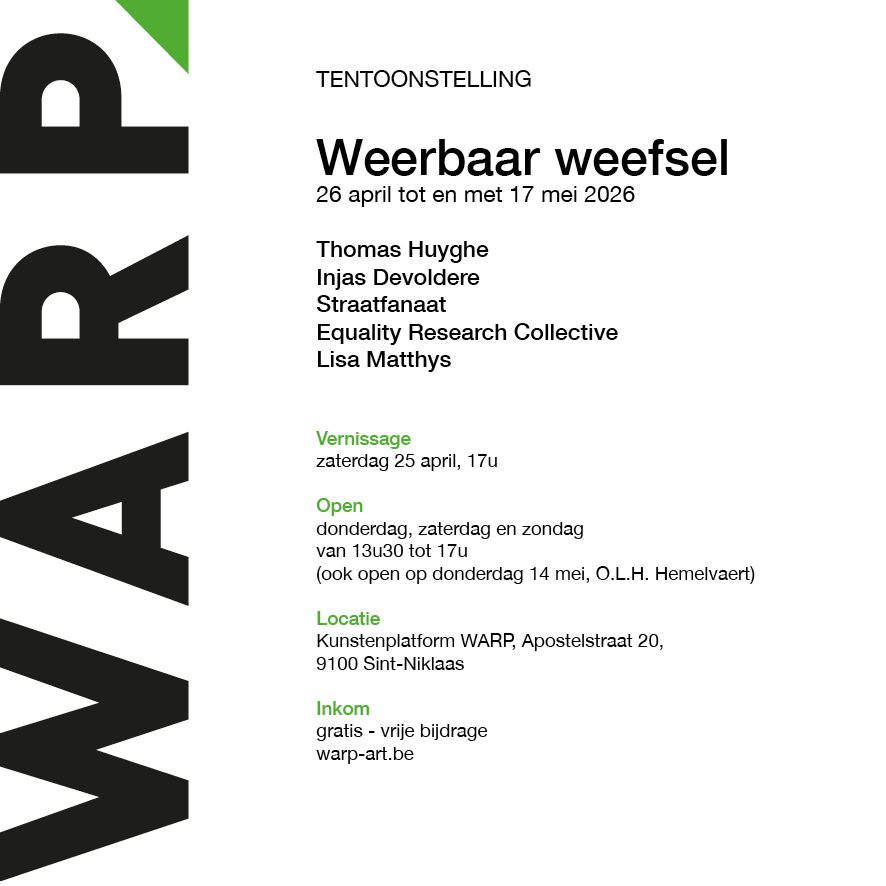 Aankondiging van de tentoontoonstelling 'Weerbaar weefsel' in Sint-Niklaas waar Injas Devoldere aan deelneemt.