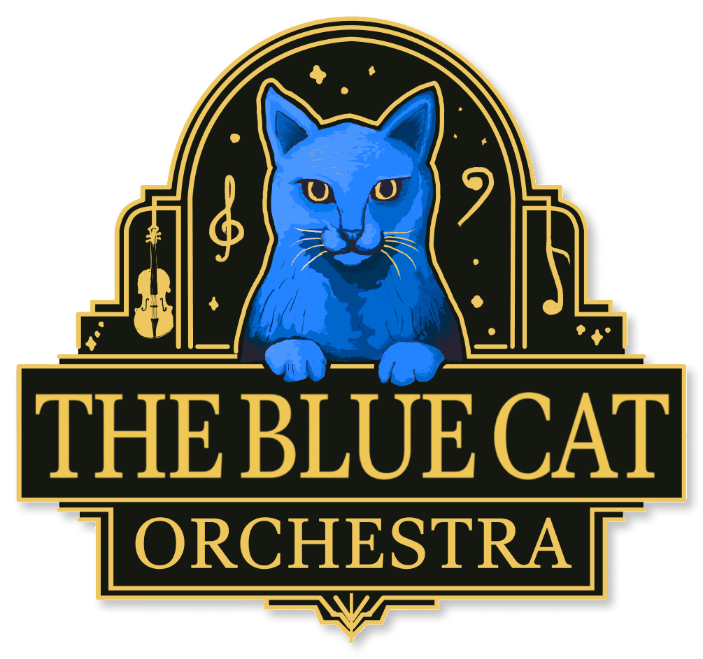 Logo for The Blue Cat Orchestra featuring a blue cat with an enigmatic expression, musical notes, and a violin in the background, with black and gold colouring.