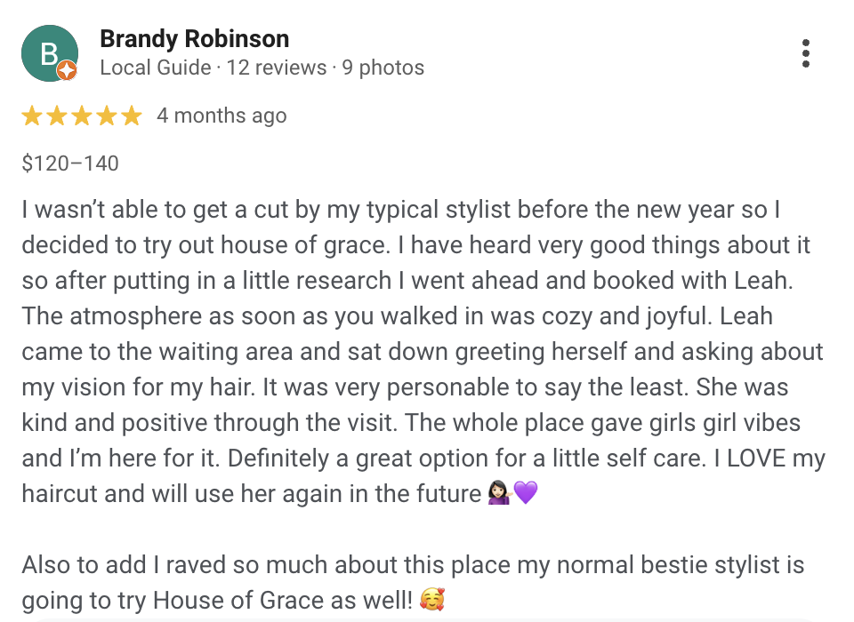 Five-star review by Brandy Robinson for House of Grace salon, describing her positive experience with haircut and styling, including her interaction with stylist Leah and her satisfaction with the atmosphere.