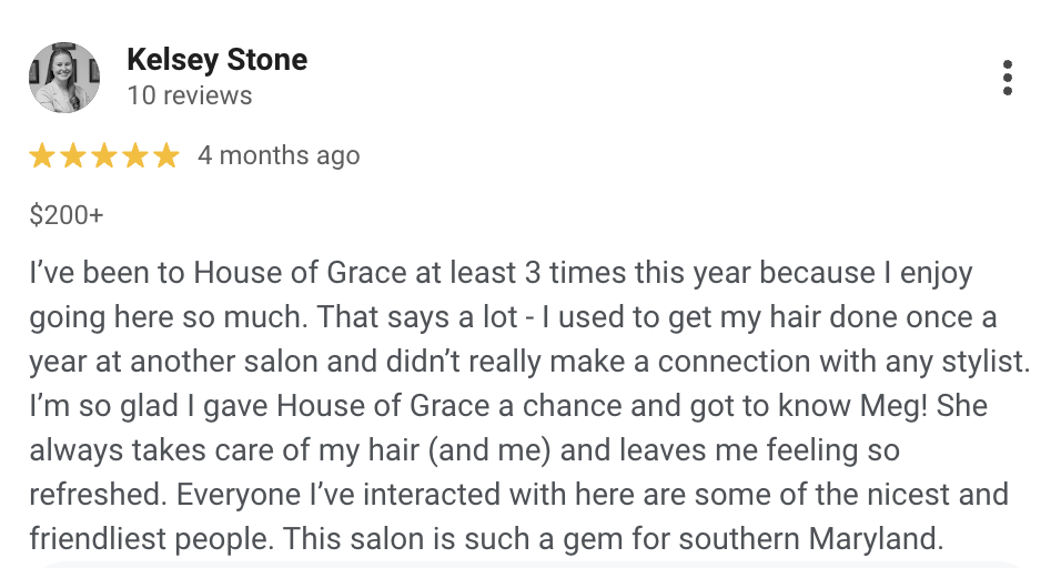 Screenshot of a Google review for House of Grace salon, praising Meg for hair styling and friendly service, with five stars.