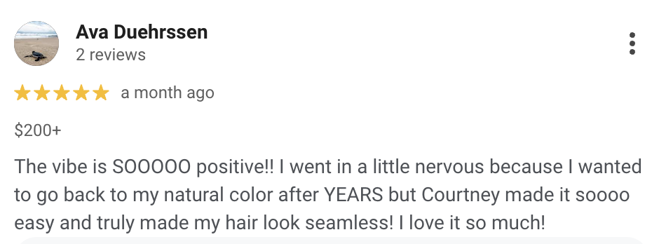 Screenshot of a positive online review by Ava Duehrssen praising Courtney for her hair coloring services.
