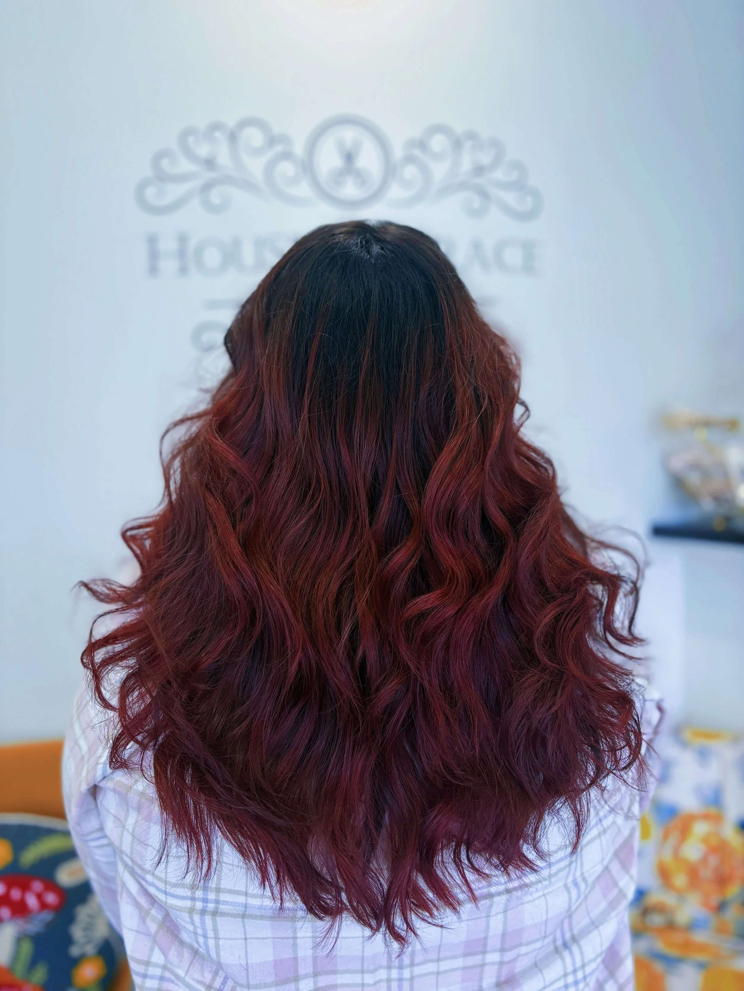 Back view of a person with long, wavy hair that is dark at the roots and transitions into a vibrant, reddish-pink color at the tips, wearing a white and light purple checkered shirt.