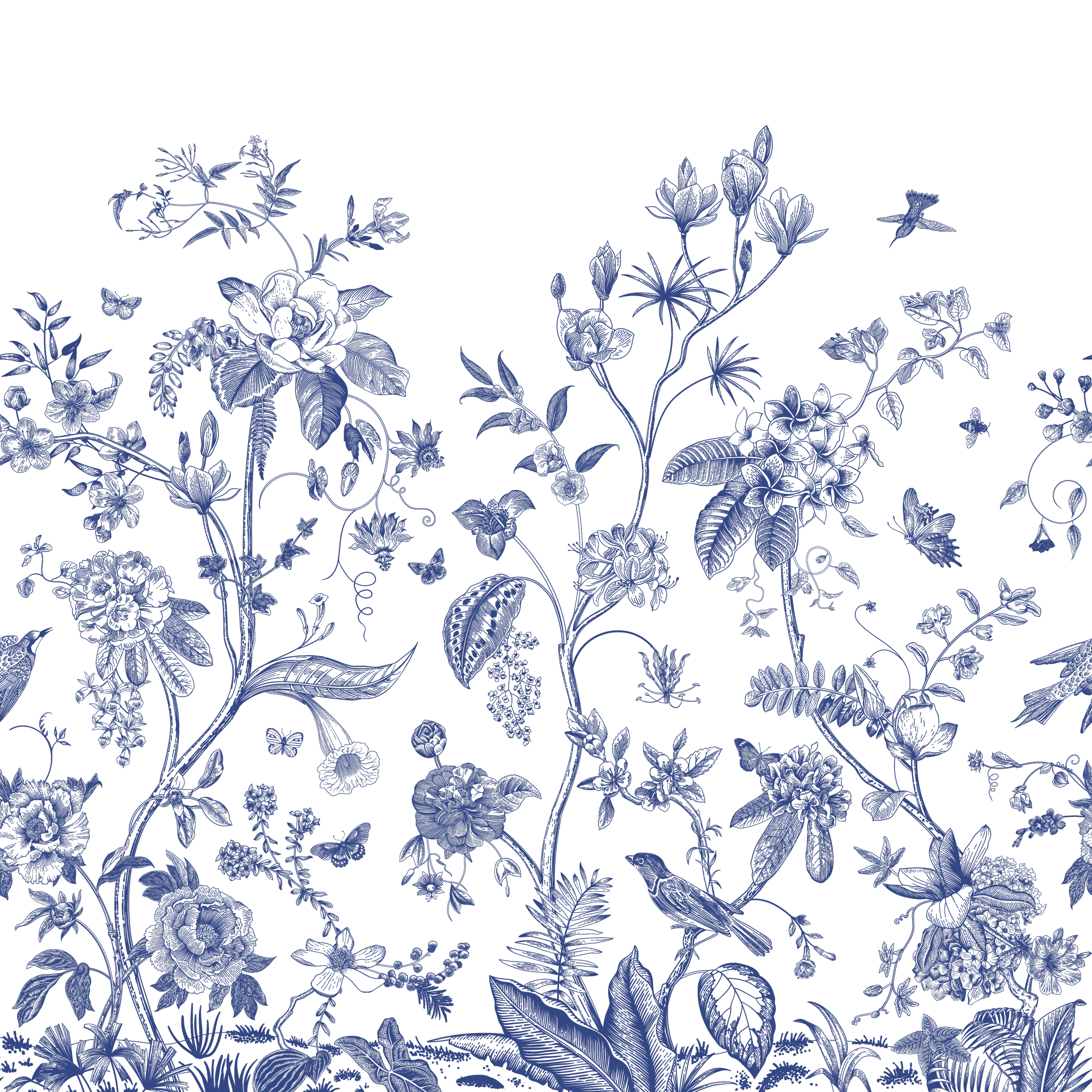 Blue floral pattern on a black background, featuring various flowers and leaves.