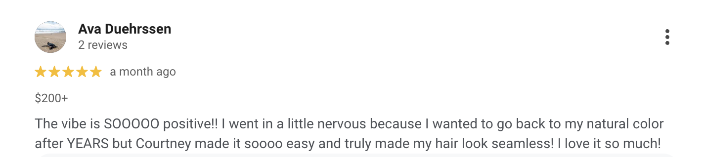 Screenshot of a positive review by Ava Duehrssen about her experience with a hair service, praising the results and natural look.