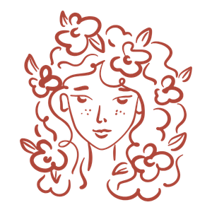Line drawing of a woman with curly hair decorated with flowers.