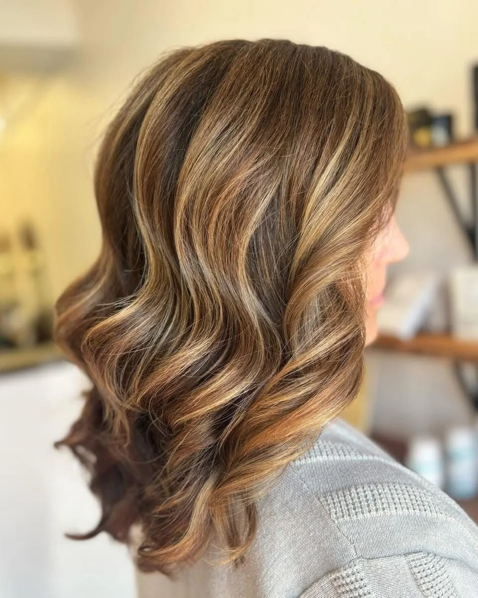 Side view of a woman with shoulder-length wavy hair, featuring caramel and honey blonde highlights.