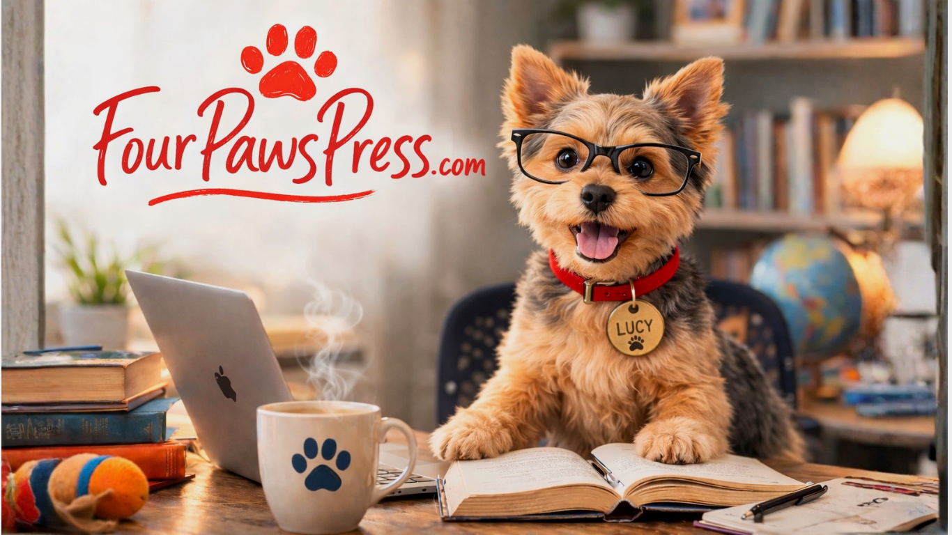 A cute small dog wearing glasses and a red collar with a tag saying 'Lucy' sitting at a desk with an open book, a laptop, a coffee mug, and a plush toy, in a cozy home office setting.