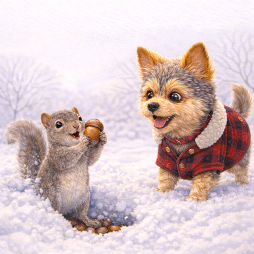 A squirrel holding an acorn and a small dog dressed in a red plaid coat with a white collar standing in snow with a wintry background.
