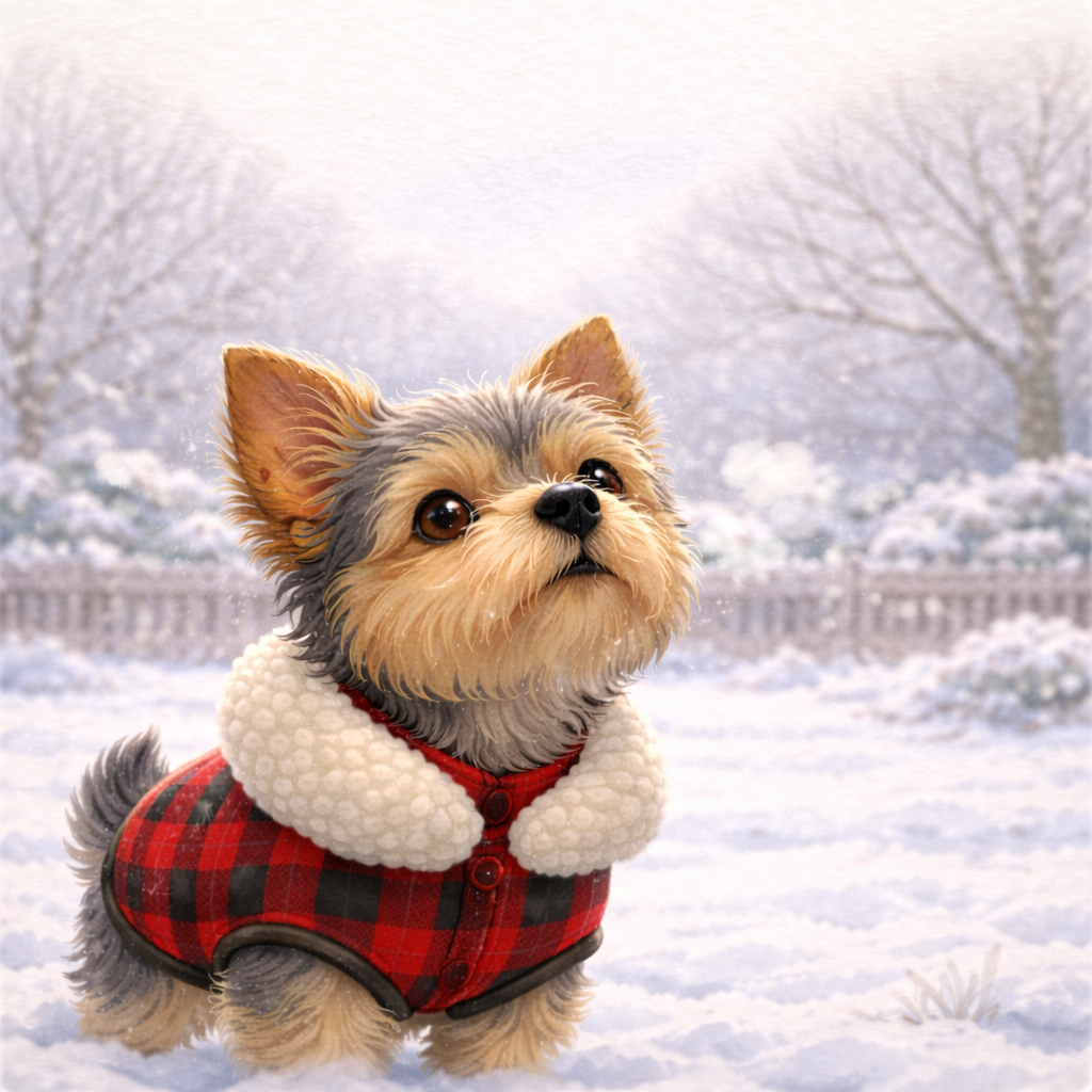 A cute, small dog wearing a red and black plaid coat with a white fleece collar standing in a snowy park with trees and bushes in the background.