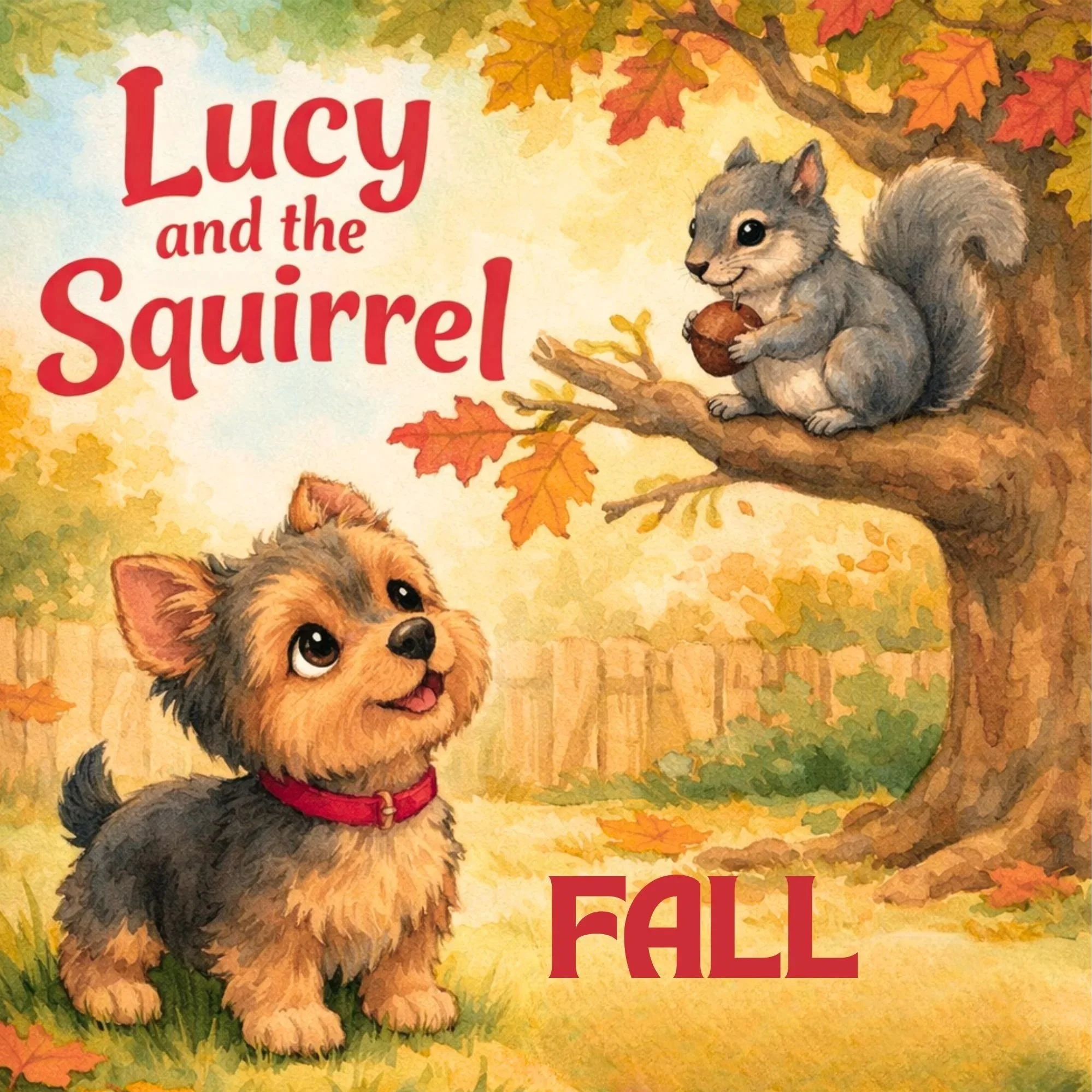 Cover of a children's book titled 'Lucy and the Squirrel Fall'. It features an illustrated squirrel sitting on a tree branch holding an acorn and a cute puppy with a red collar looking up at the squirrel, surrounded by fall foliage and a wooden fence in the background.