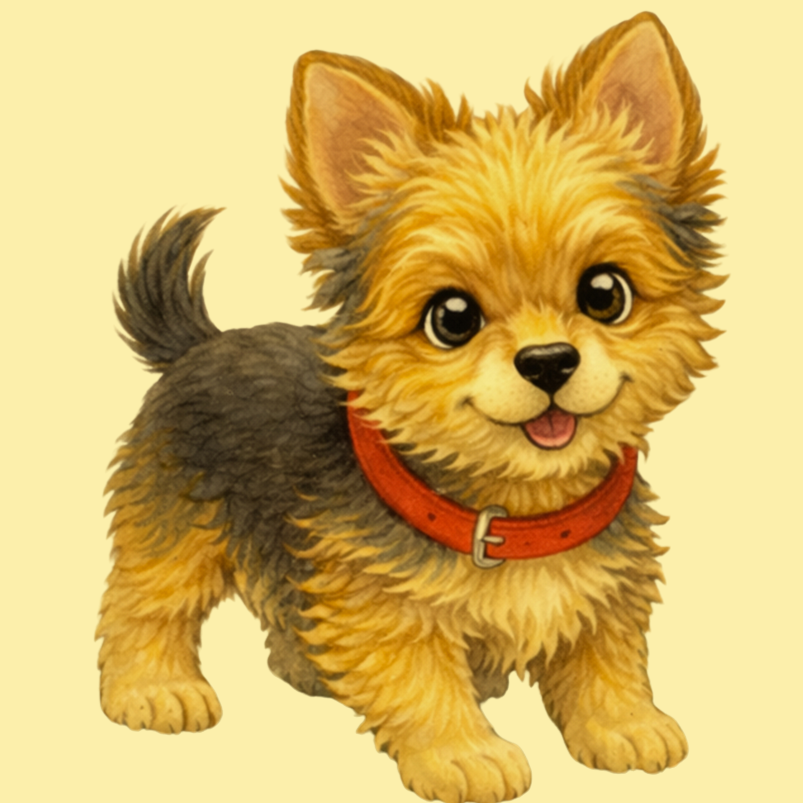 Cute cartoon puppy with fluffy fur, big eyes, and a red collar standing on a light yellow background.