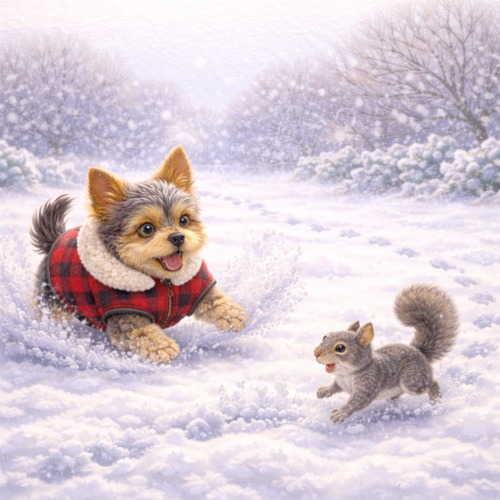 A cute dog wearing a red plaid coat with faux fur, playing in the snow with a squirrel, in a winter landscape with snow-covered trees and falling snow.