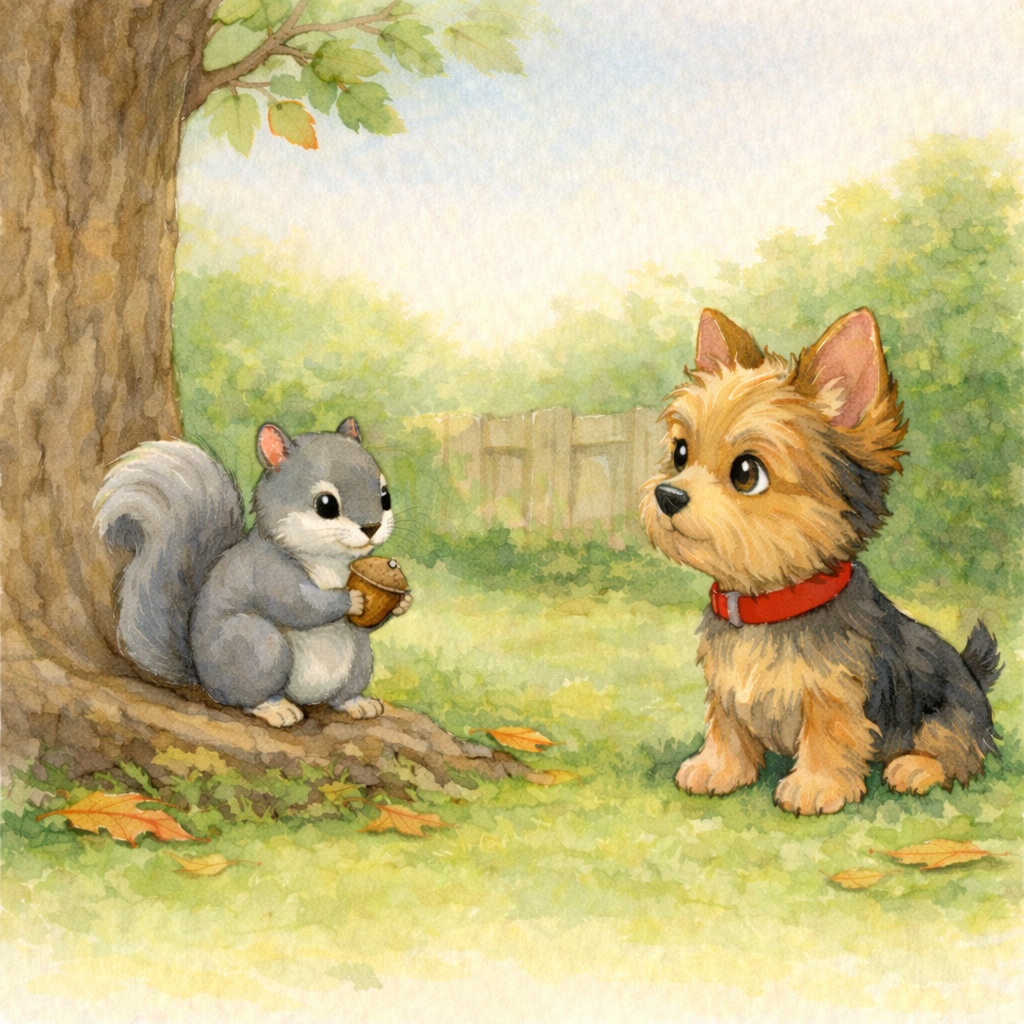 A cute squirrel with gray fur and a bushy tail sits under a tree holding an acorn, facing a small Yorkshire Terrier dog with brown and black fur and a red collar, outdoors in a park with green grass and autumn leaves.