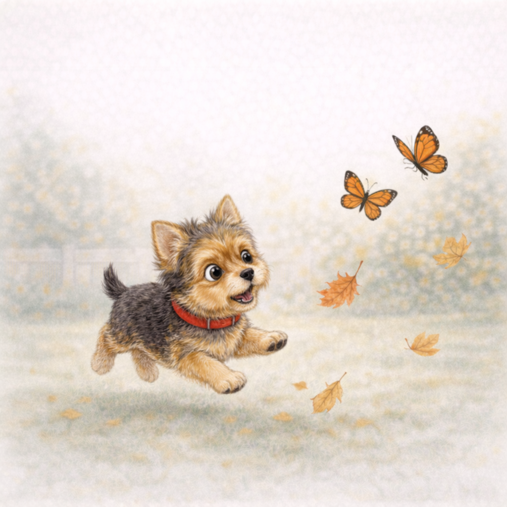 A cute puppy playing outdoors in fall with leaves and butterflies.