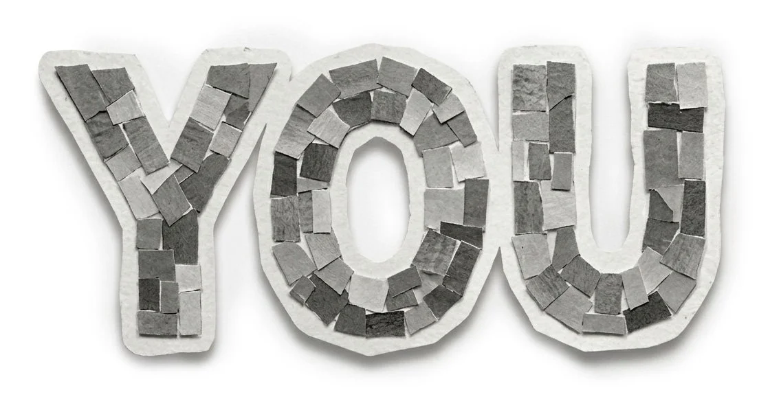 Mosaic-style text spelling 'YOU' with gray and black tiles on a white background.