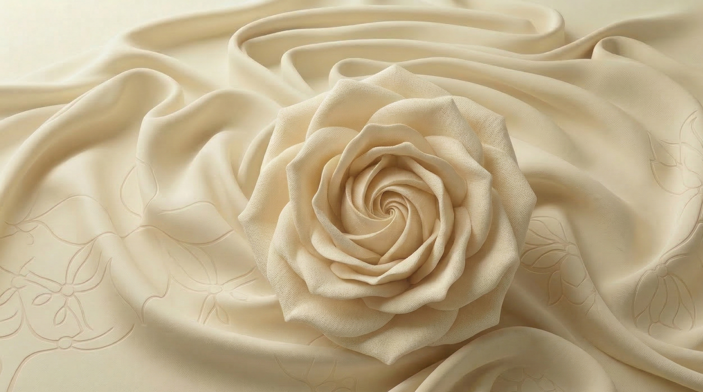 Cream-colored fabric with embroidered floral pattern and a fabric rose on top.
