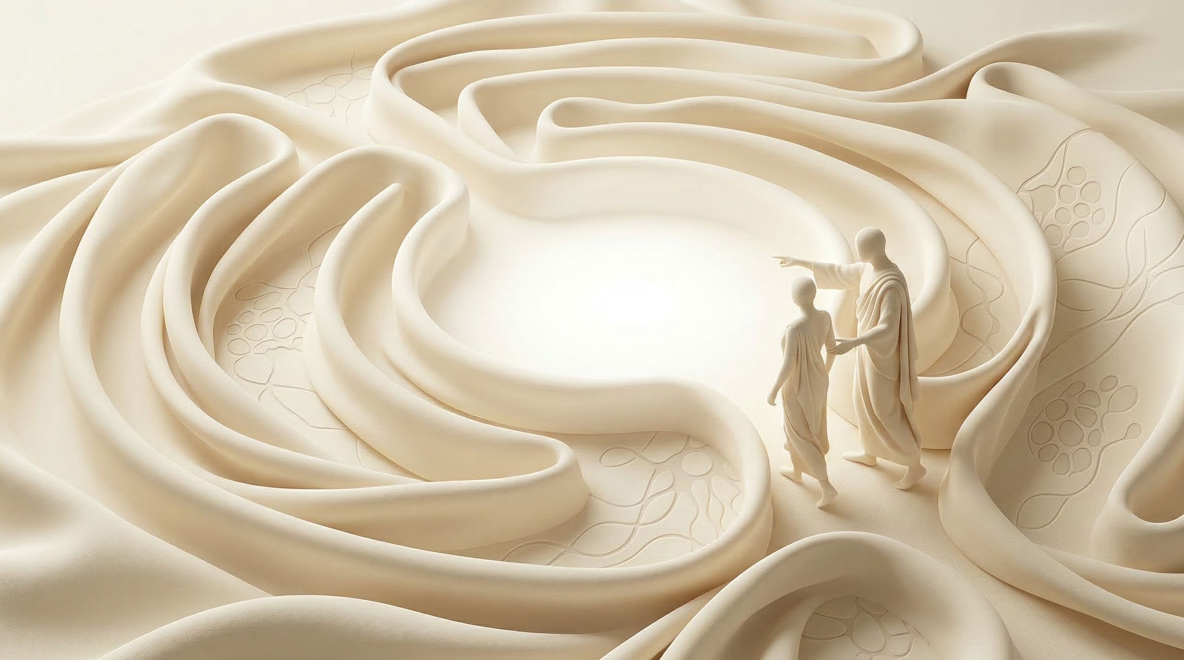 White sculpture of two figures walking on a large, abstract, flowing surface with circular and organic patterns.