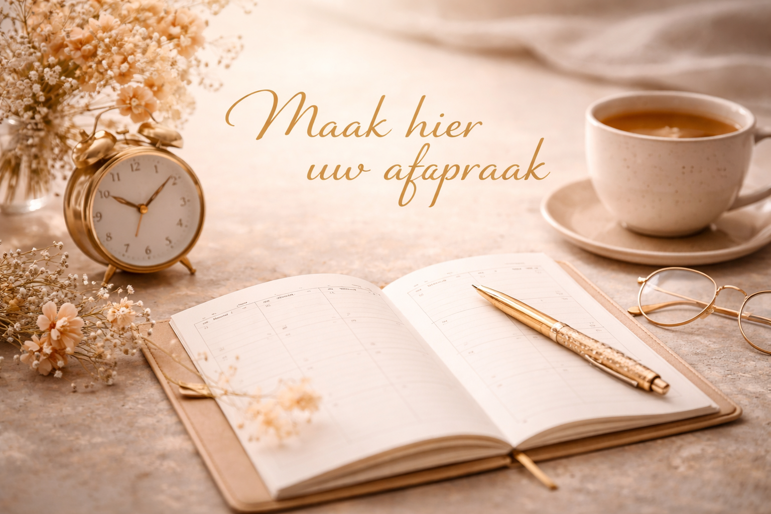 A desk with an open planner, a gold pen, a cup of tea, glasses, a vintage alarm clock, and pink flowers, with the phrase 'Maak hier uw afspraak' in the center.