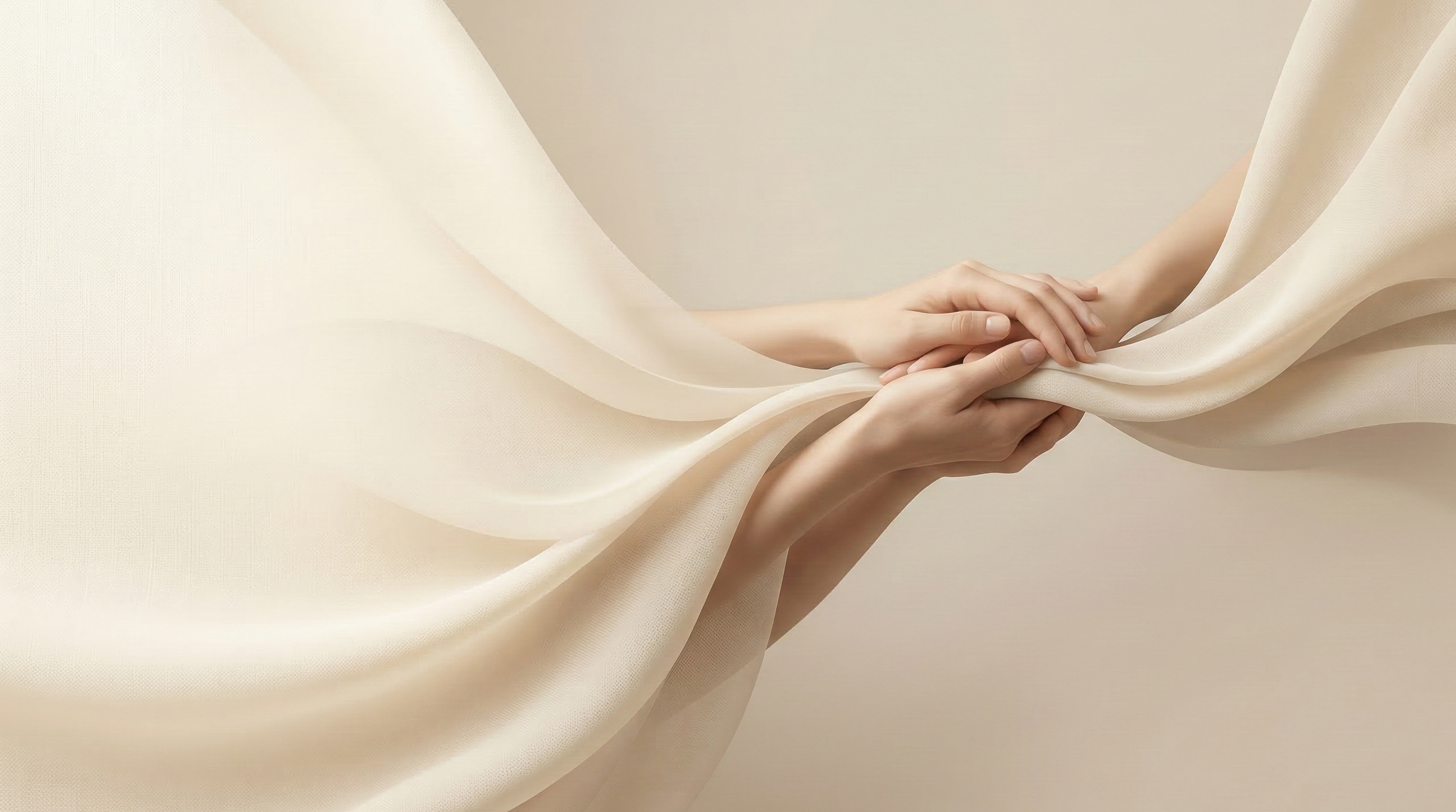 Two hands holding a flowing cream-colored fabric against a neutral background.