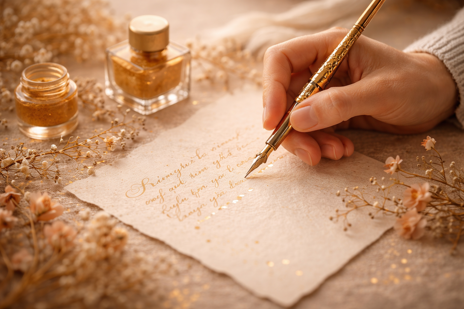 A person writes a letter with a gold pen on textured paper, surrounded by small flowers and gold-colored ink pots.