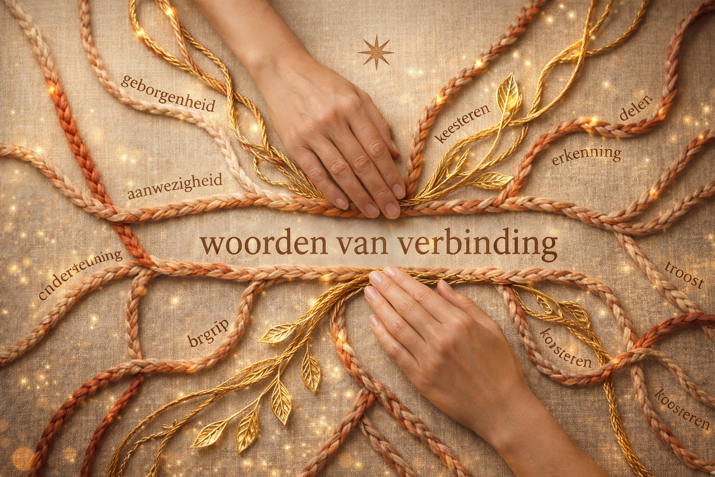 A visually decorated table with braided ropes in gold and brown, intertwined with golden leaves and fairy lights. The logo in the center reads 'woorden van verbinding' surrounded by Dutch words like 'aanwezigheid' and 'geborenheid', symbolizing connection and communication.