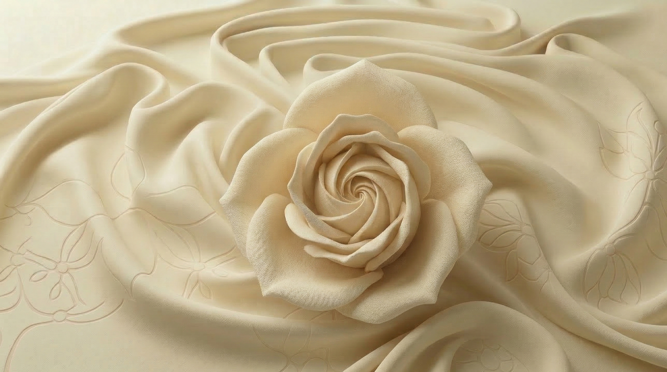 Cream-colored fabric with embroidered floral patterns, featuring a fabric rose with layered petals placed on it.