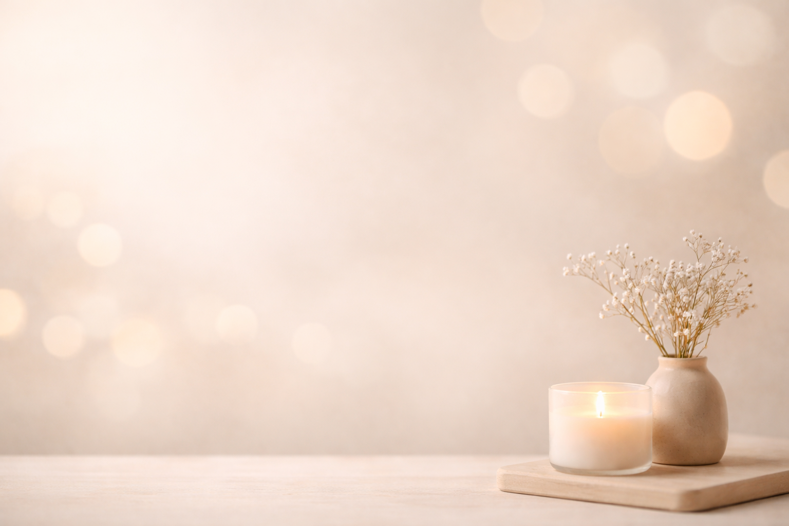 A lit candle and a vase with white flowers on a wooden surface against a softly blurred background with circular light bokeh