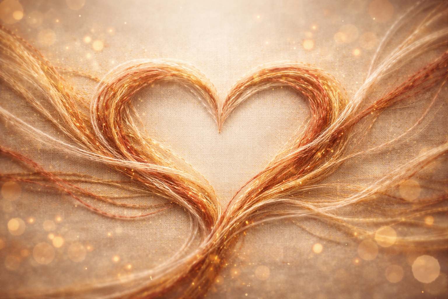 Gold and bronze sparkly abstract background with flowing lines forming a heart shape.