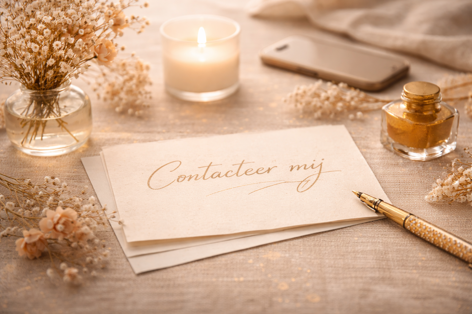 A beautifully decorated table with a handwritten sign in Polish saying 'Contact me,' surrounded by flowers, a candle, a gold-colored pen, and a small jar of gold pigment, all in a soft, warm light.