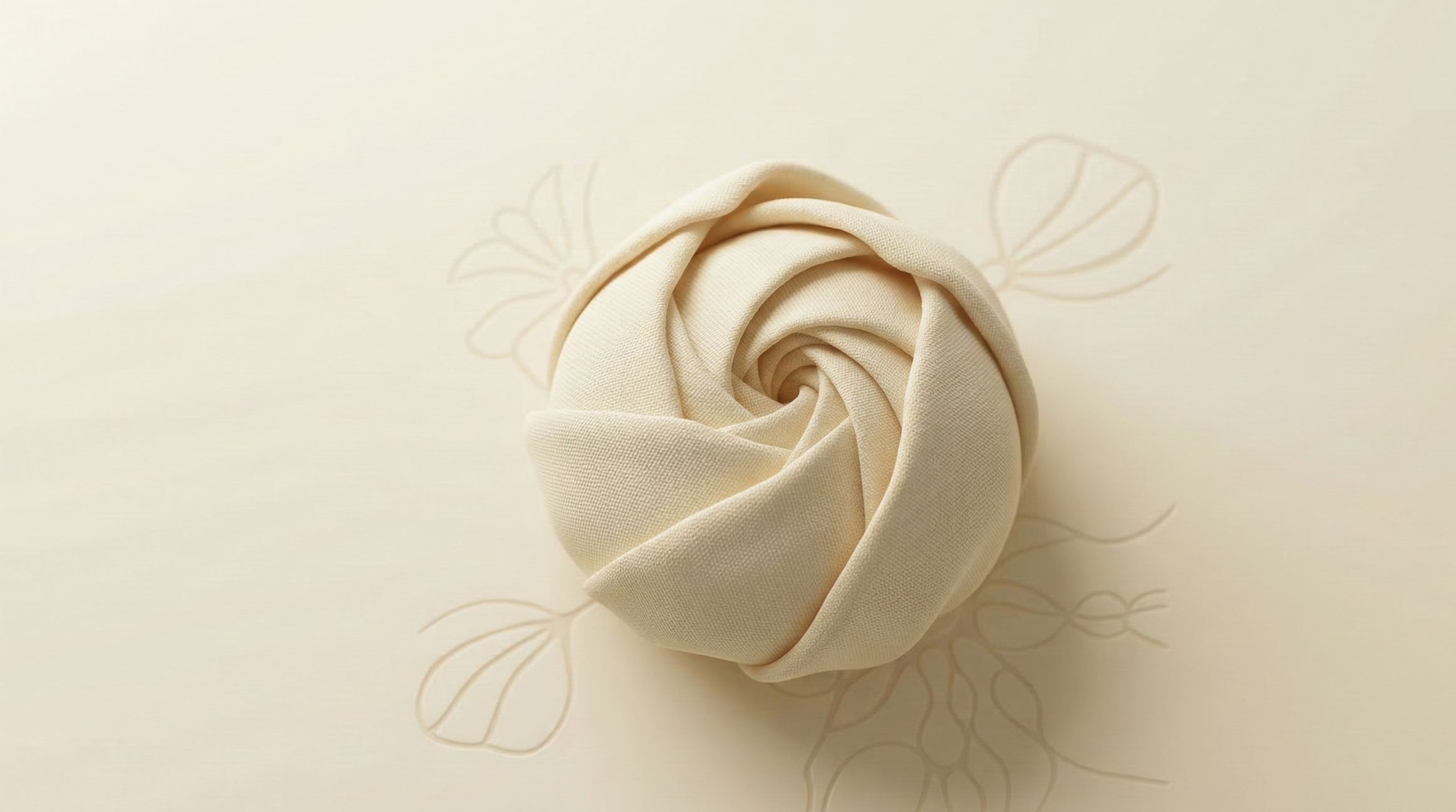 A rolled piece of beige fabric placed on a light-colored surface with faint floral line drawings.