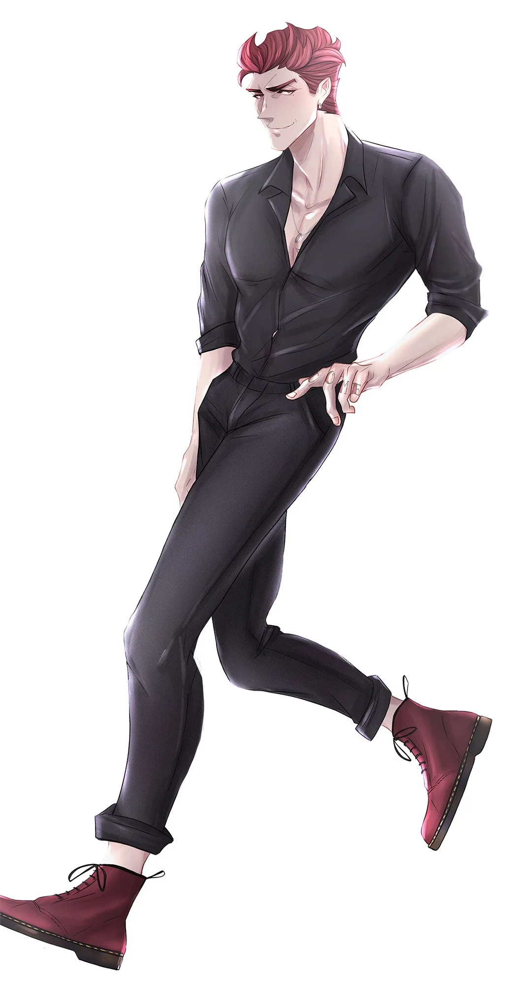 red haired guy in a black outfit, he's walking