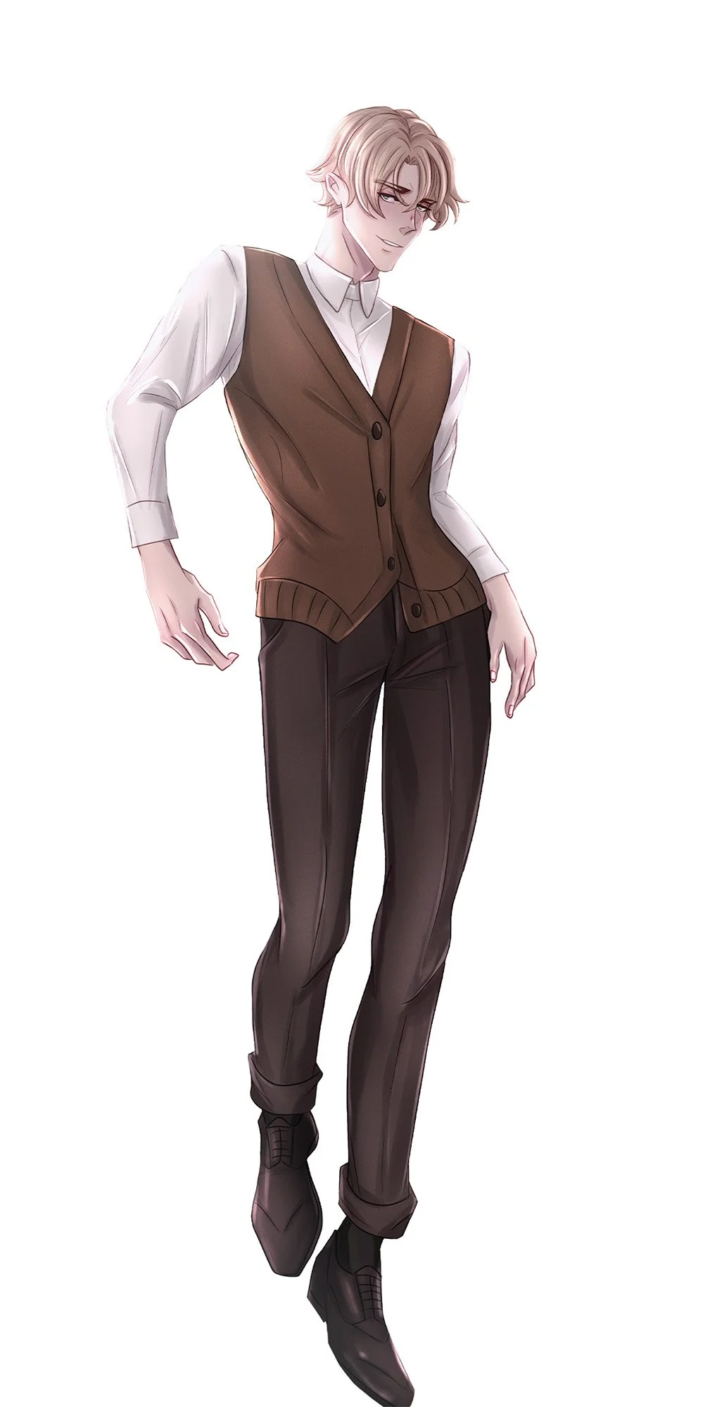 light haired guy in a brown jacket, he's cheerful
