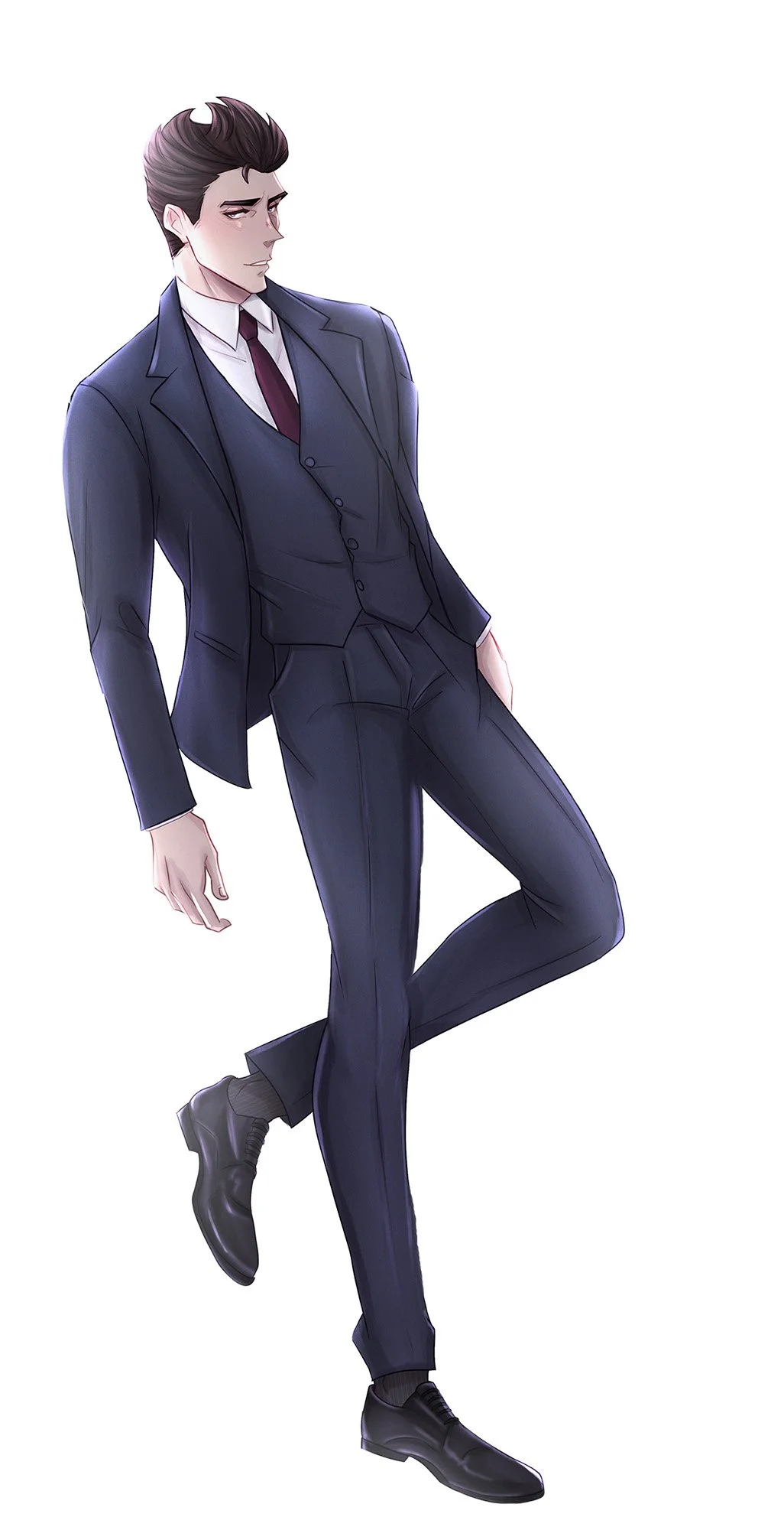 dark haired guy in a suit, leaning on the left