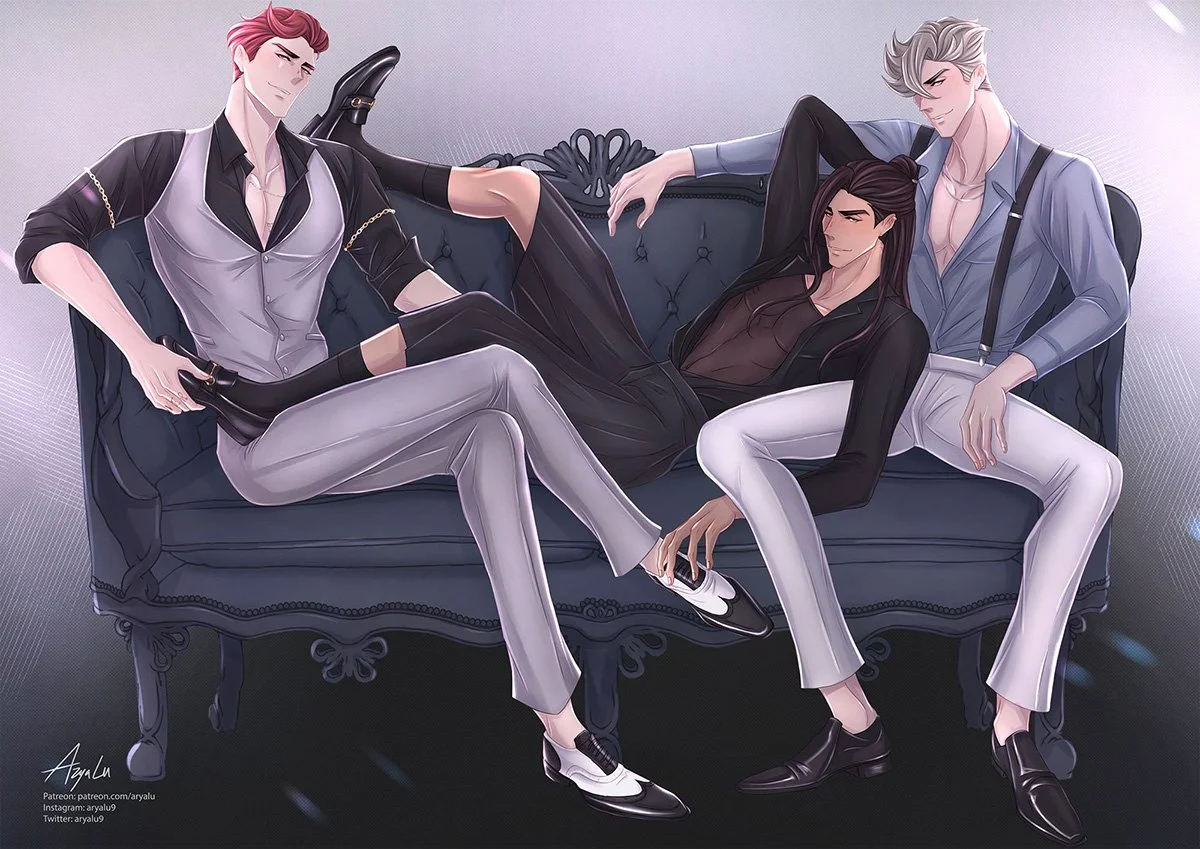 three guys on a couch, relaxed pose, smiling