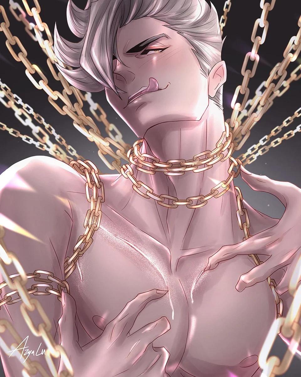 light haired shirtless man wrapped in golden chains, in a sensual pose