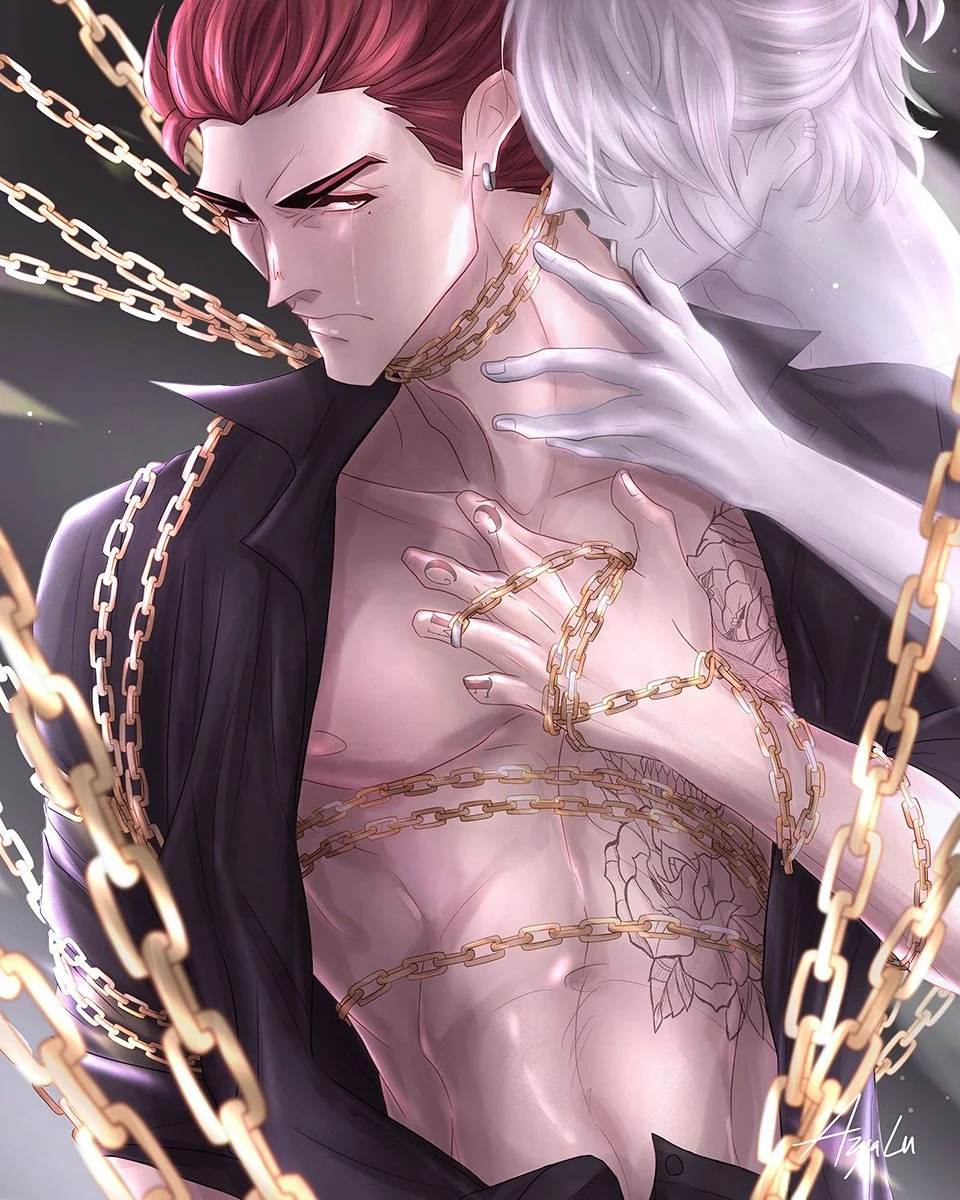 red haired man in an open black shirt wrapped in golden chains, with a serious and sad expression, tears on his face, a ghost kissing his neck from behind