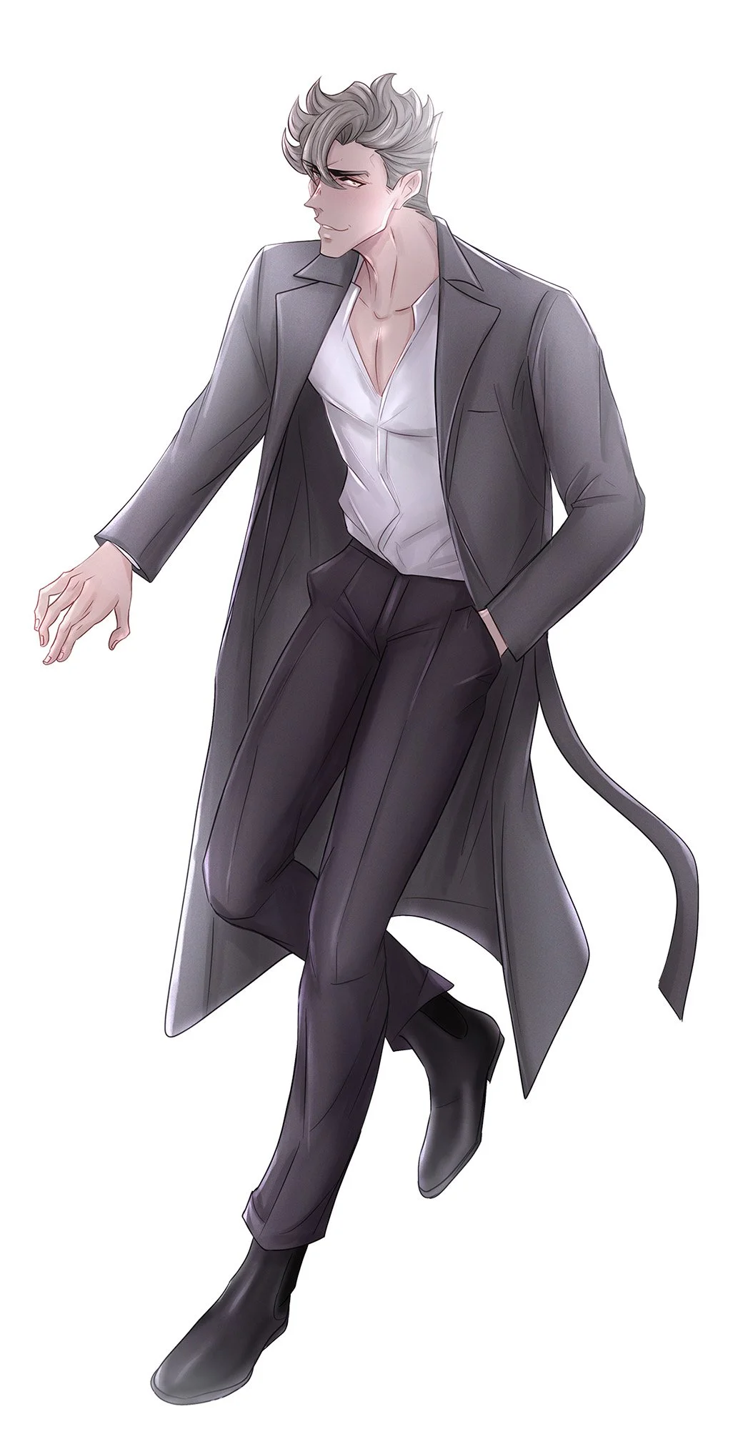 light haired guy in a trench coat, he's walking
