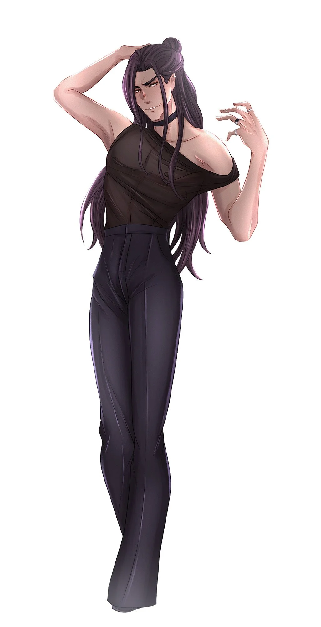 sensual looking long dark haired guy touching his hair
