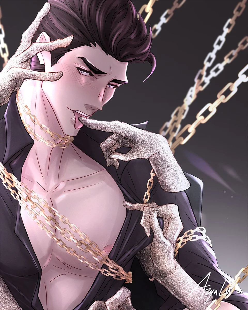 dark haired man, with open shirt, wrapped in golden chains, in a sensual pose, many "ghost" hands touching him
