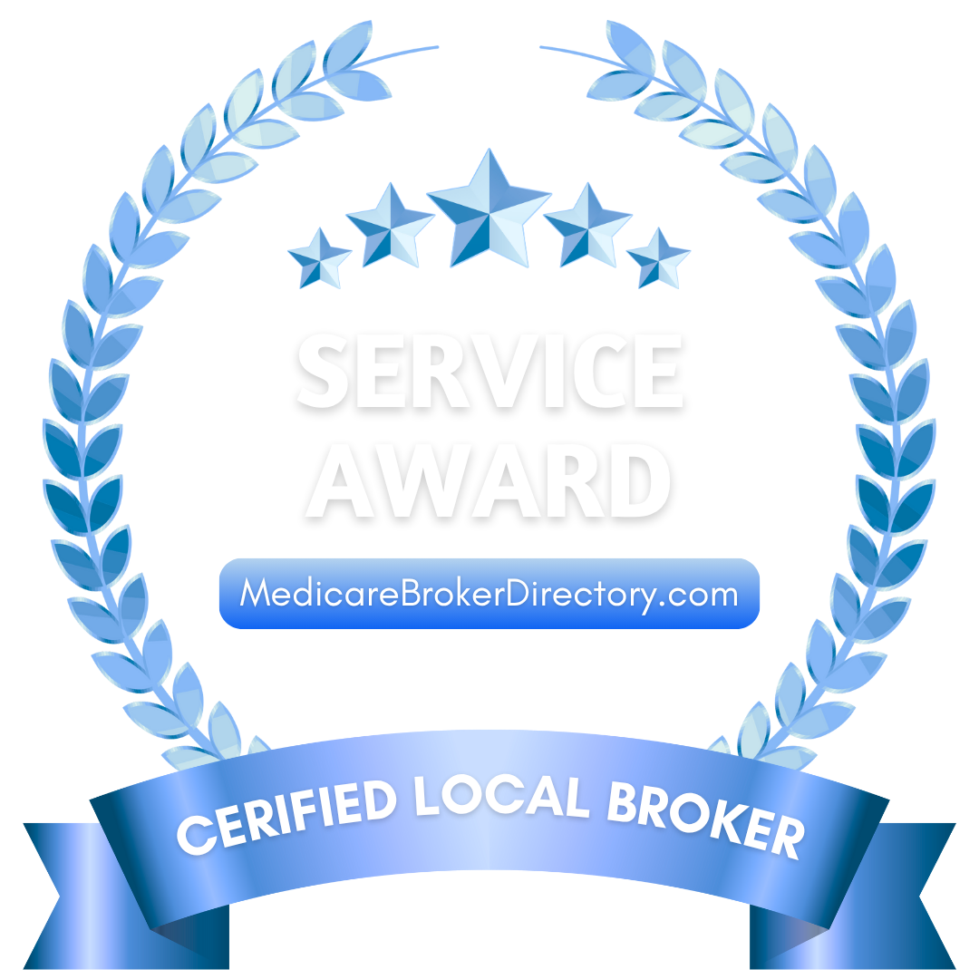 Blue service award badge with laurel wreath, stars, and ribbon stating "Certified Local Broker" and "Service Award," with site "MedicareBrokerDirectory.com."