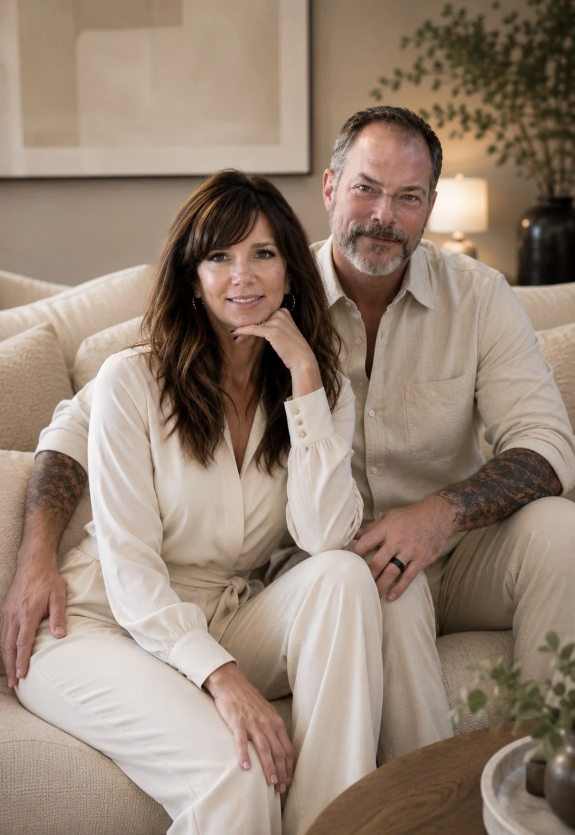 A woman and a man sitting on a beige couch in a living room, posing for the camera. The woman has long brown hair with waves, wearing a cream-colored blouse and pants, with her hand resting on her chin. The man has short gray hair and a beard, wearing a cream-colored shirt, with tattoos visible on his forearm. There is a lamp and a potted plant in the background.