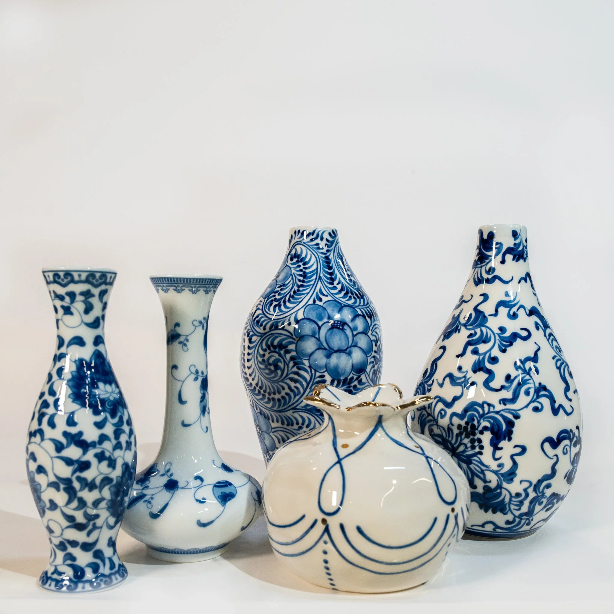 Assorted Blue + White Ceramic Bud Vases