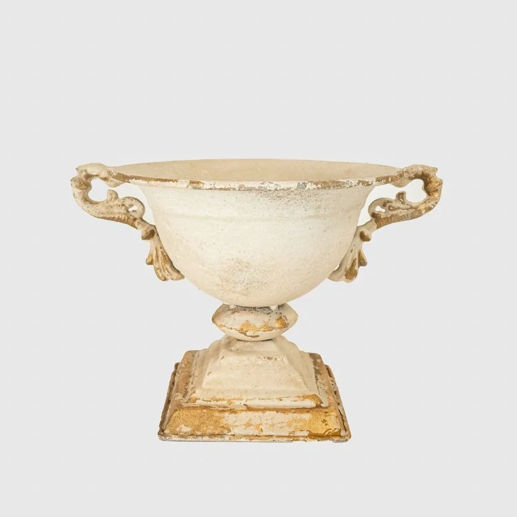 Distressed Cream Gold Metal Urn Vase with Handles (10.5")