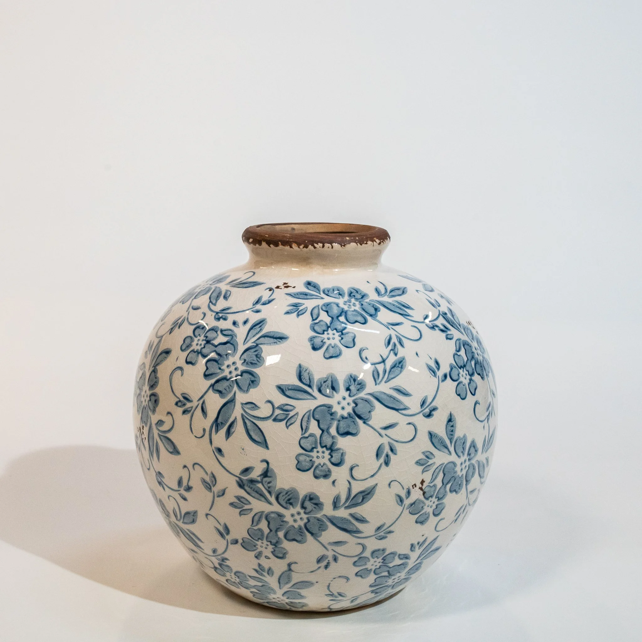 Blue & White Crackle Floral Terra Cotta Vase (8" x 8" x 8")